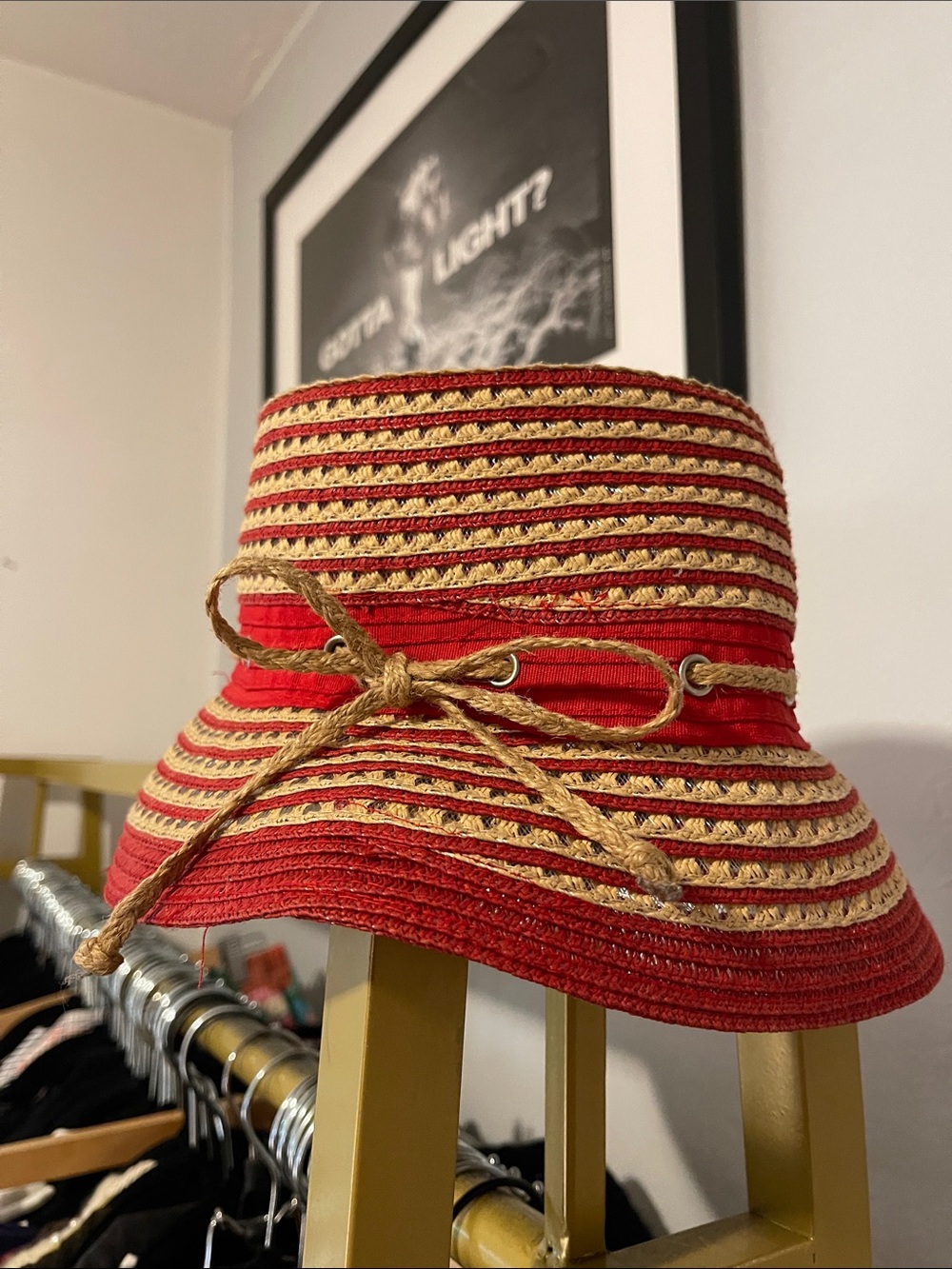 Red and Natural Straw Sun Hat